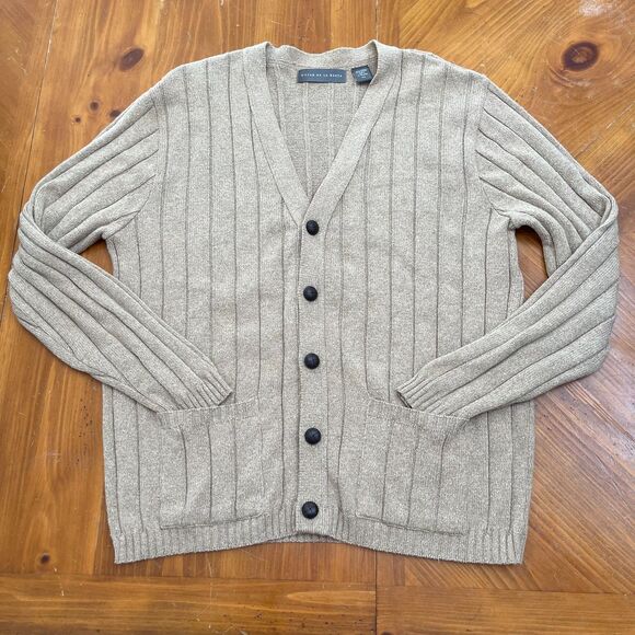 Oscar De La Renta Mens Button Down Sweater Cardigan Light Brown XL V Neck - Picture 2 of 6